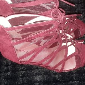 Torrid Burgundy Red Mesh and Tie Wedge Sandals